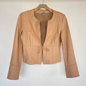 J'ENVIE New York Tan Perforated Leather Open Tied Jacket Sz L Avant Garde
